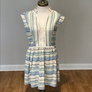 NEW! Vineyard Vines Cream Jacquard notch neck Blue /Green Stripes dress size S
